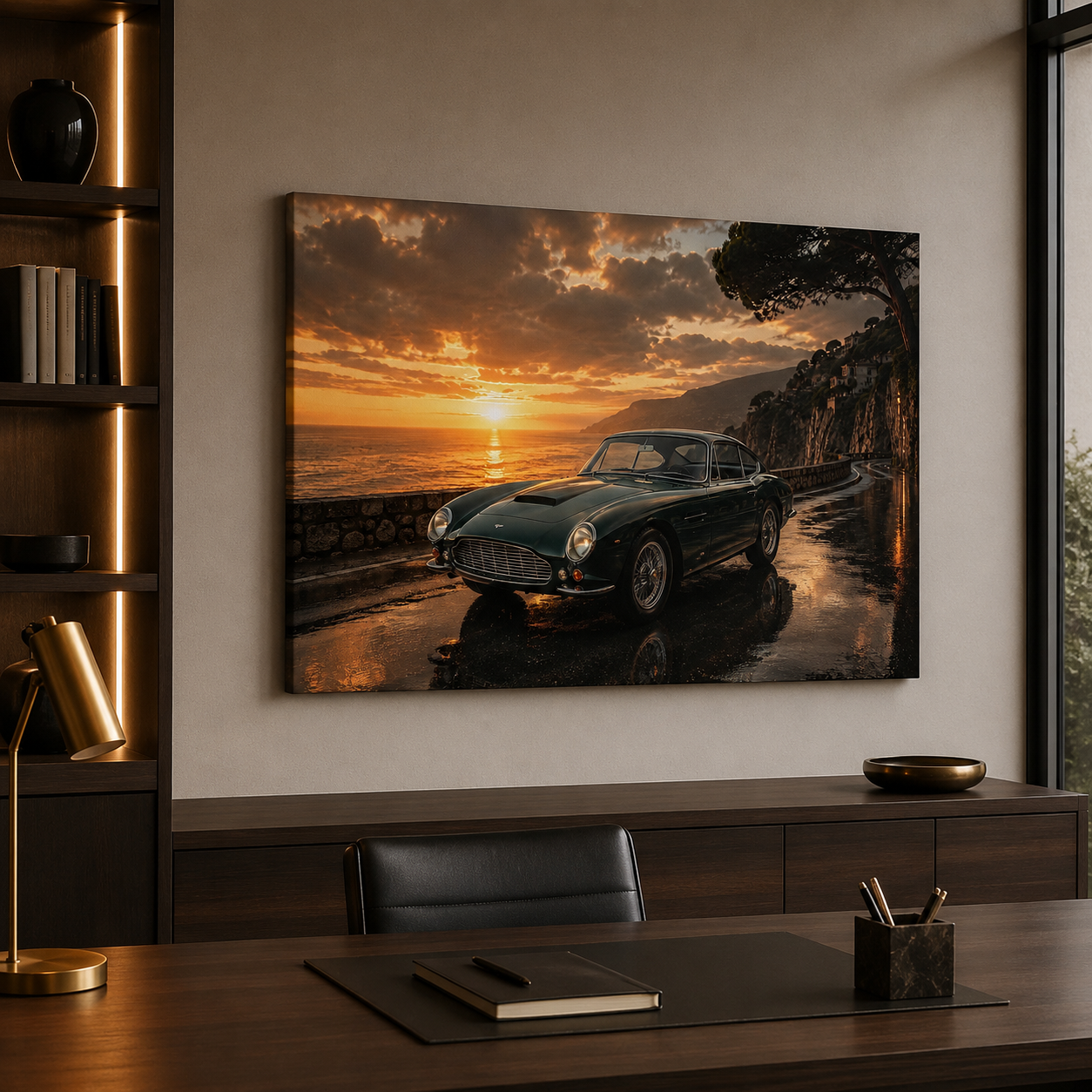 Classic car canvas print displayed in an elegant dark home office