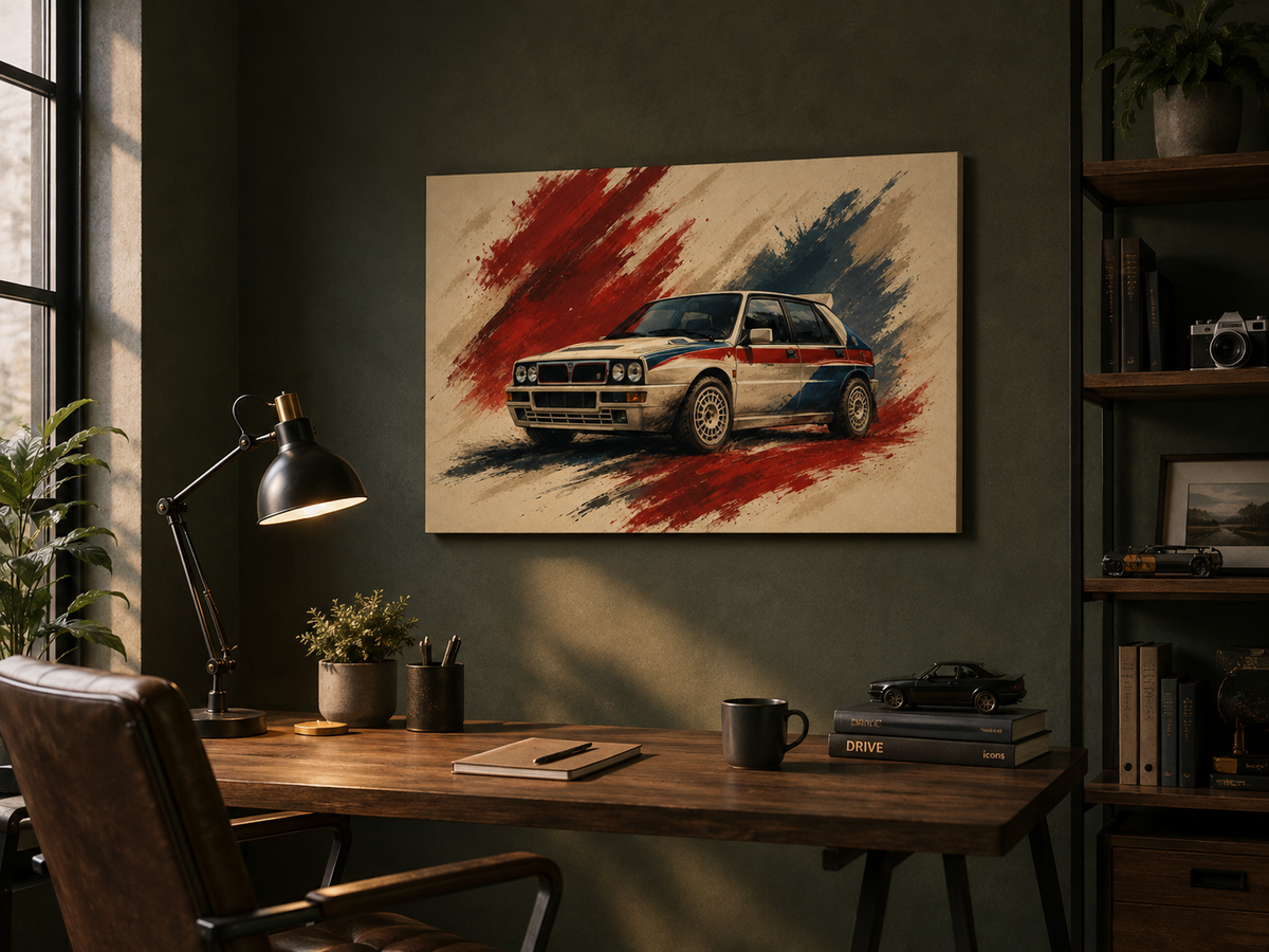 Rally Legacy illustrated rally hatch canvas in a dark modern study with bookshelves and desk