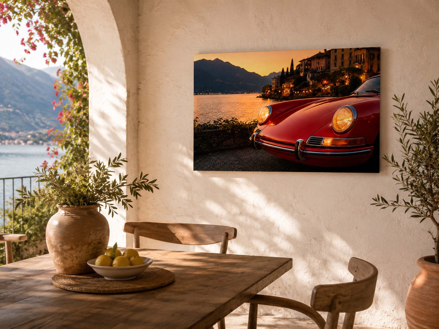 Classic red sports car lakeside canvas wall art in a Mediterranean dining room with lake views