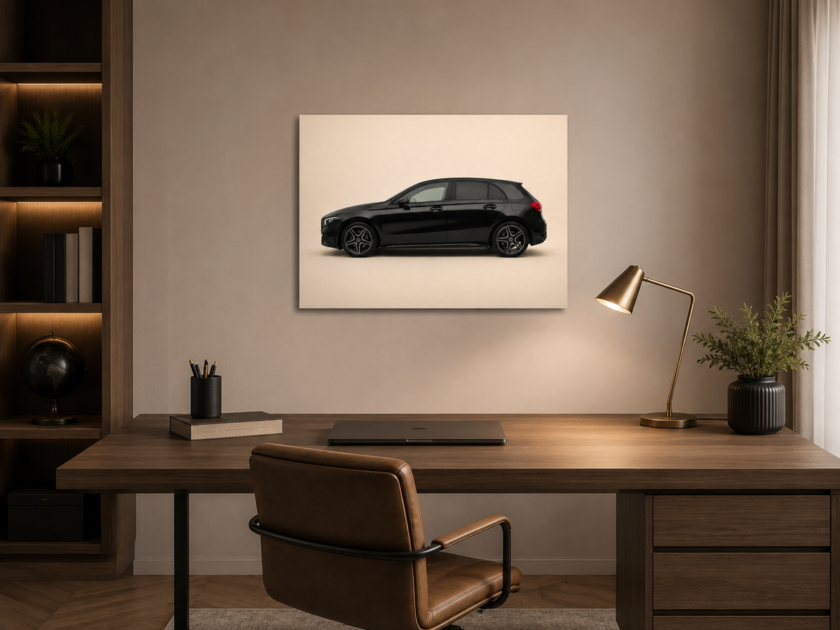 Blackline A black automotive wall art above an armchair in a warm reading nook