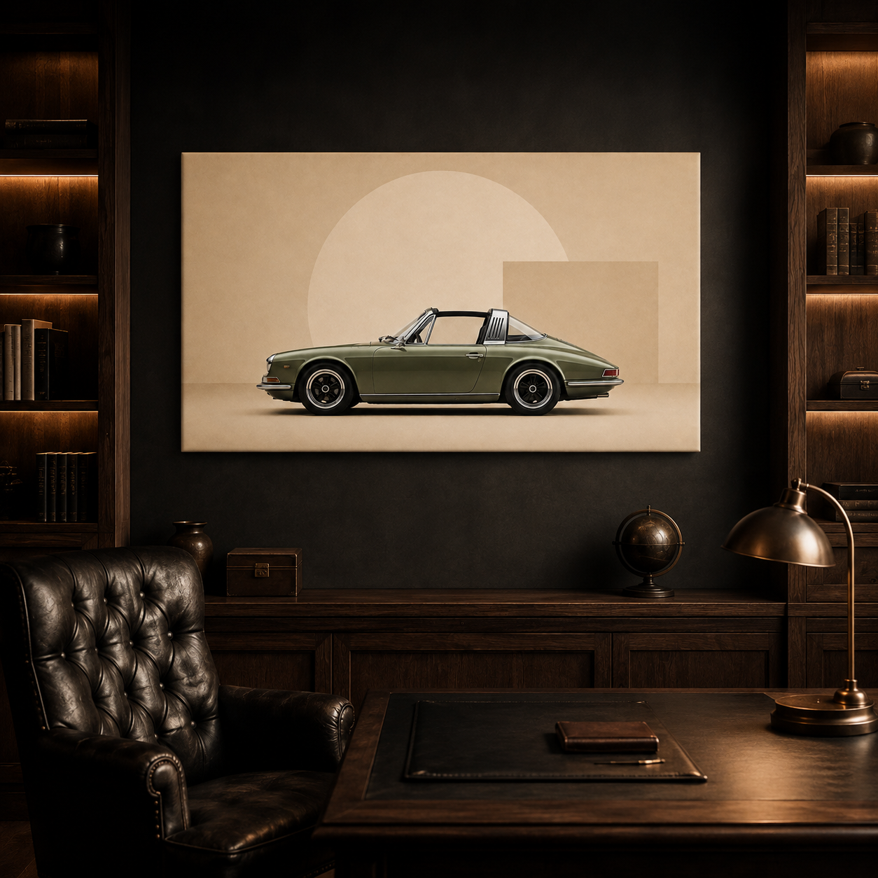Olive Arc geometric sports car canvas displayed in a dark luxury home office