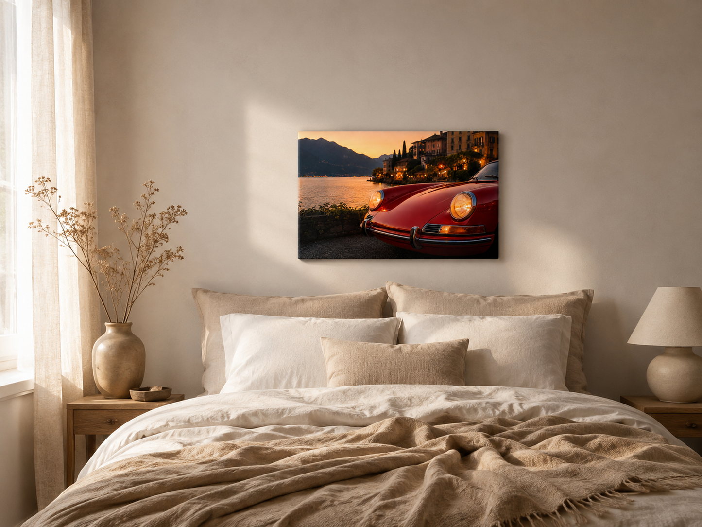 Crimson Riviera red vintage sports car canvas above a bed in a bright neutral bedroom