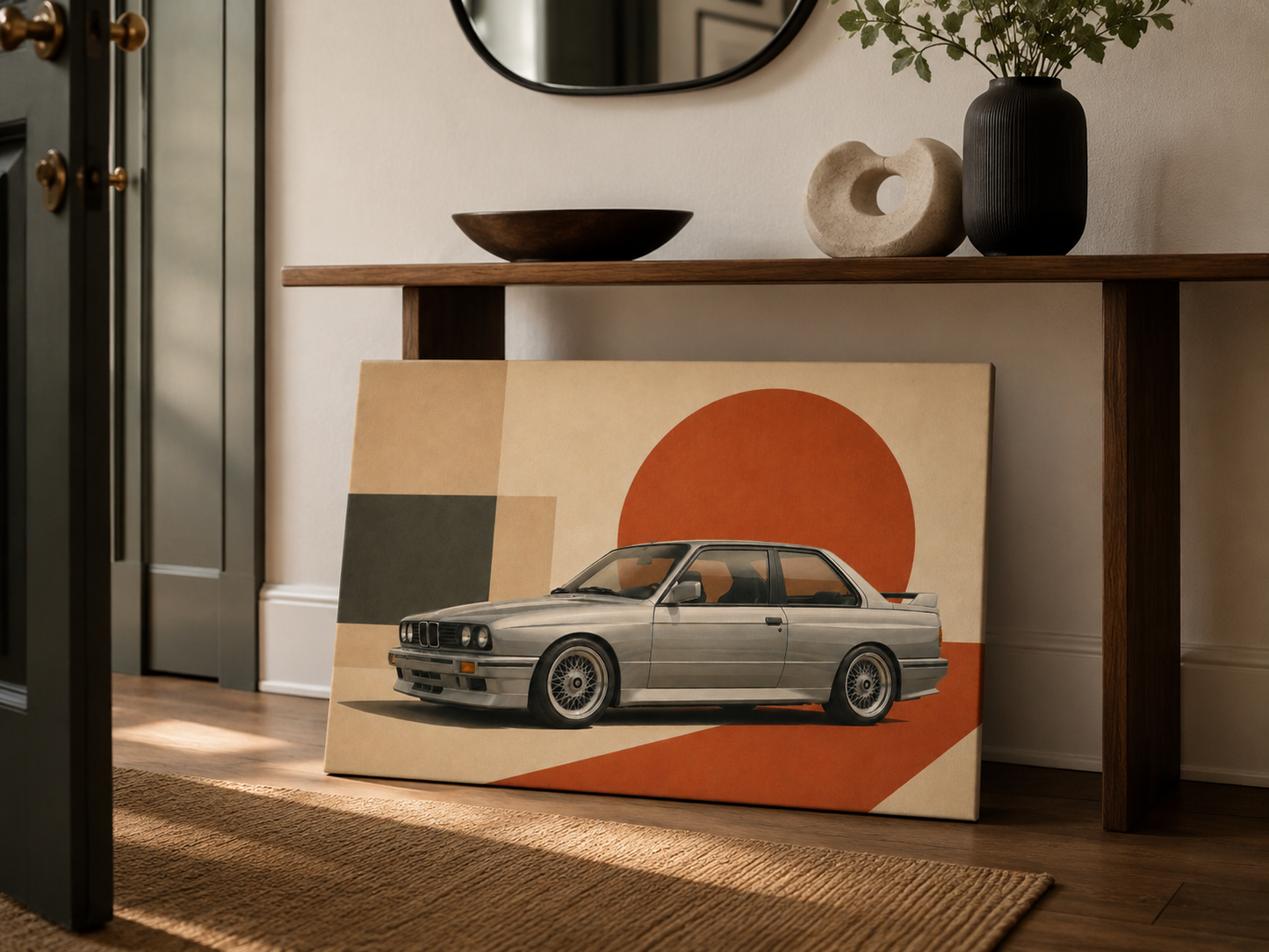 Silver Apex retro silver performance coupe geometric canvas leaning beneath a console table in a modern entryway