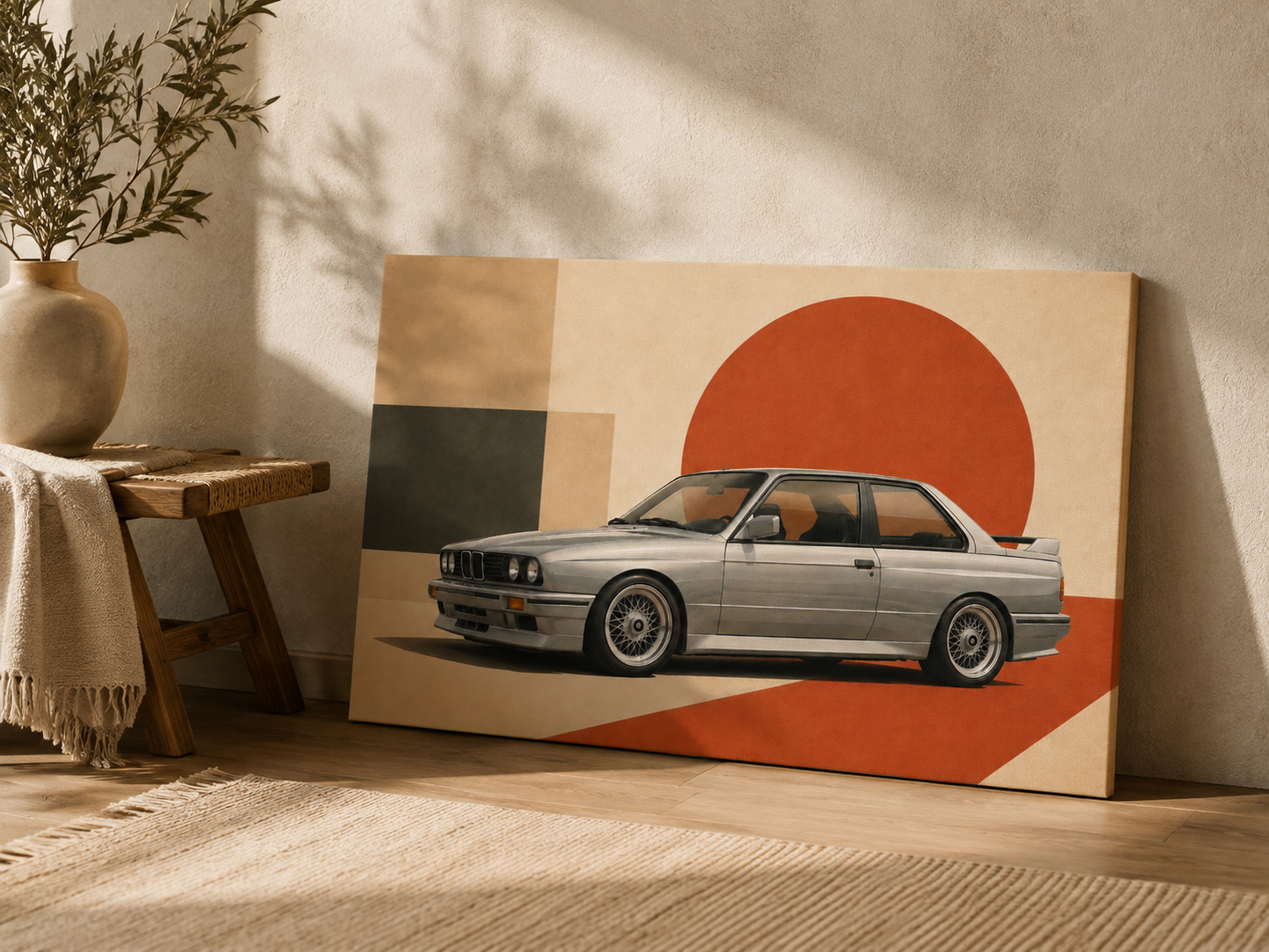 Silver Apex retro performance car canvas leaning on the floor in a sunlit neutral interior
