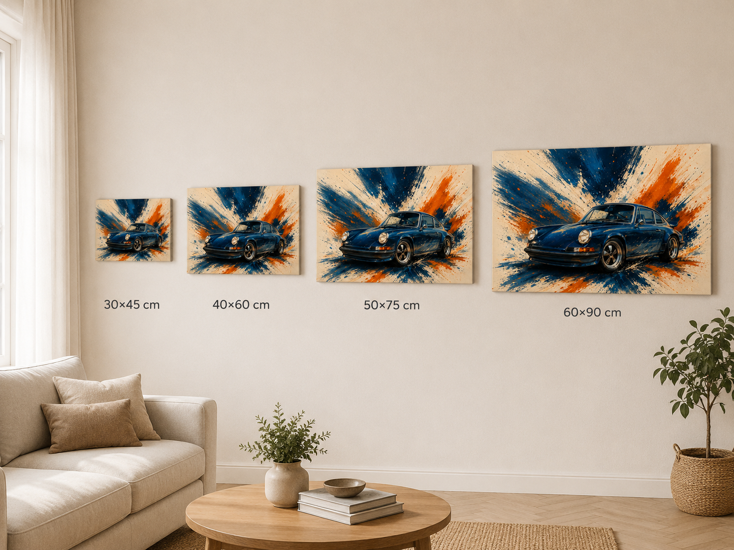 Blue Velocity canvas size comparison in 30x45 40x60 50x75 and 60x90 cm