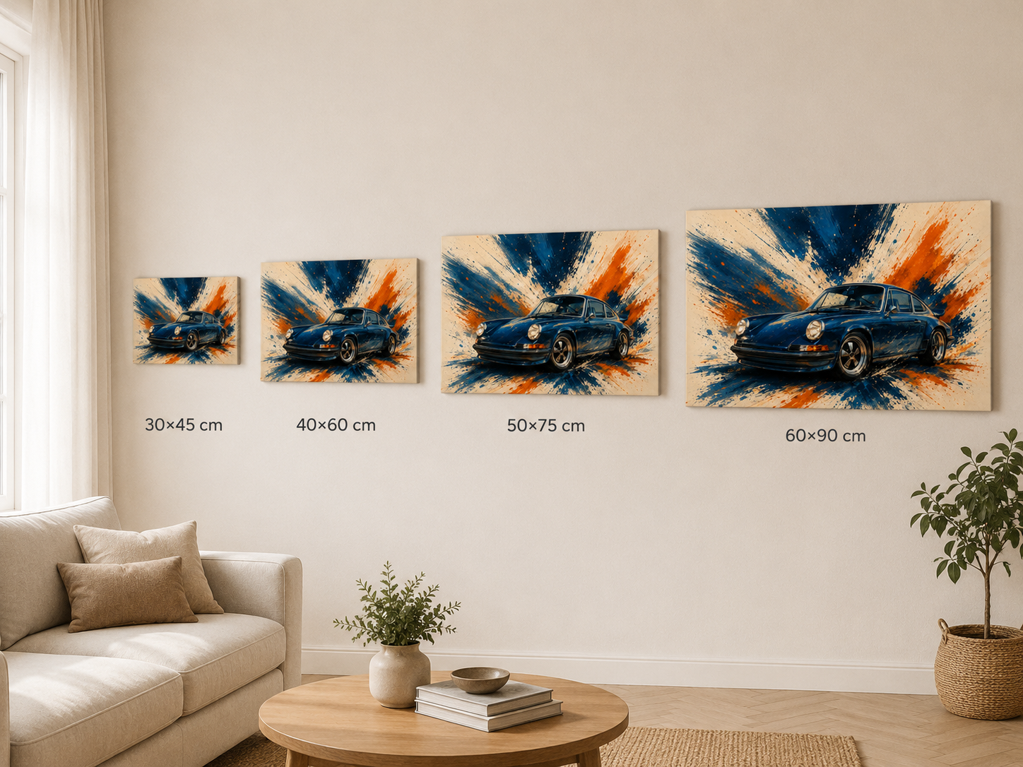 Blue Velocity canvas size comparison in 30x45 40x60 50x75 and 60x90 cm