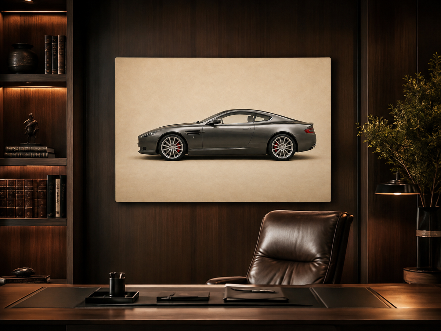 Graphite Grand Tour minimalist automotive canvas displayed in a dark executive office