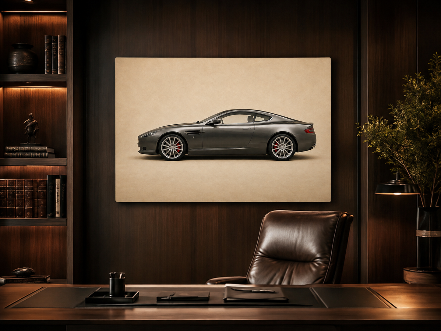 Graphite Grand Tour minimalist automotive canvas displayed in a dark executive office