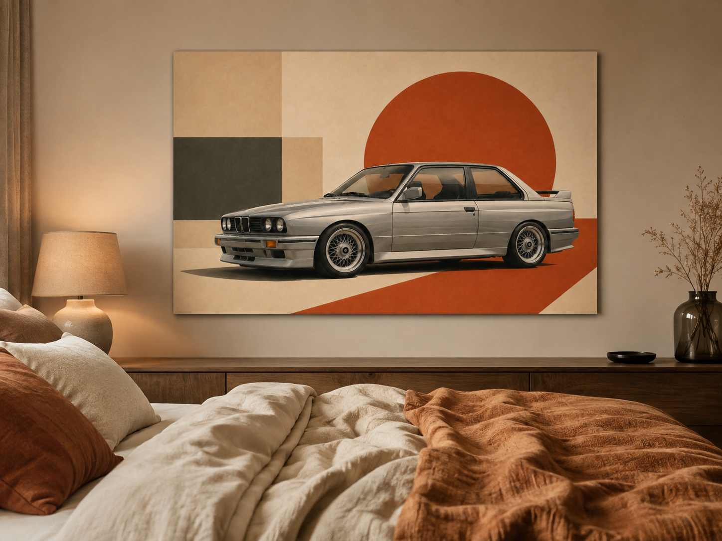 Silver Apex silver performance coupe wall art in a warm contemporary bedroom with terracotta accents