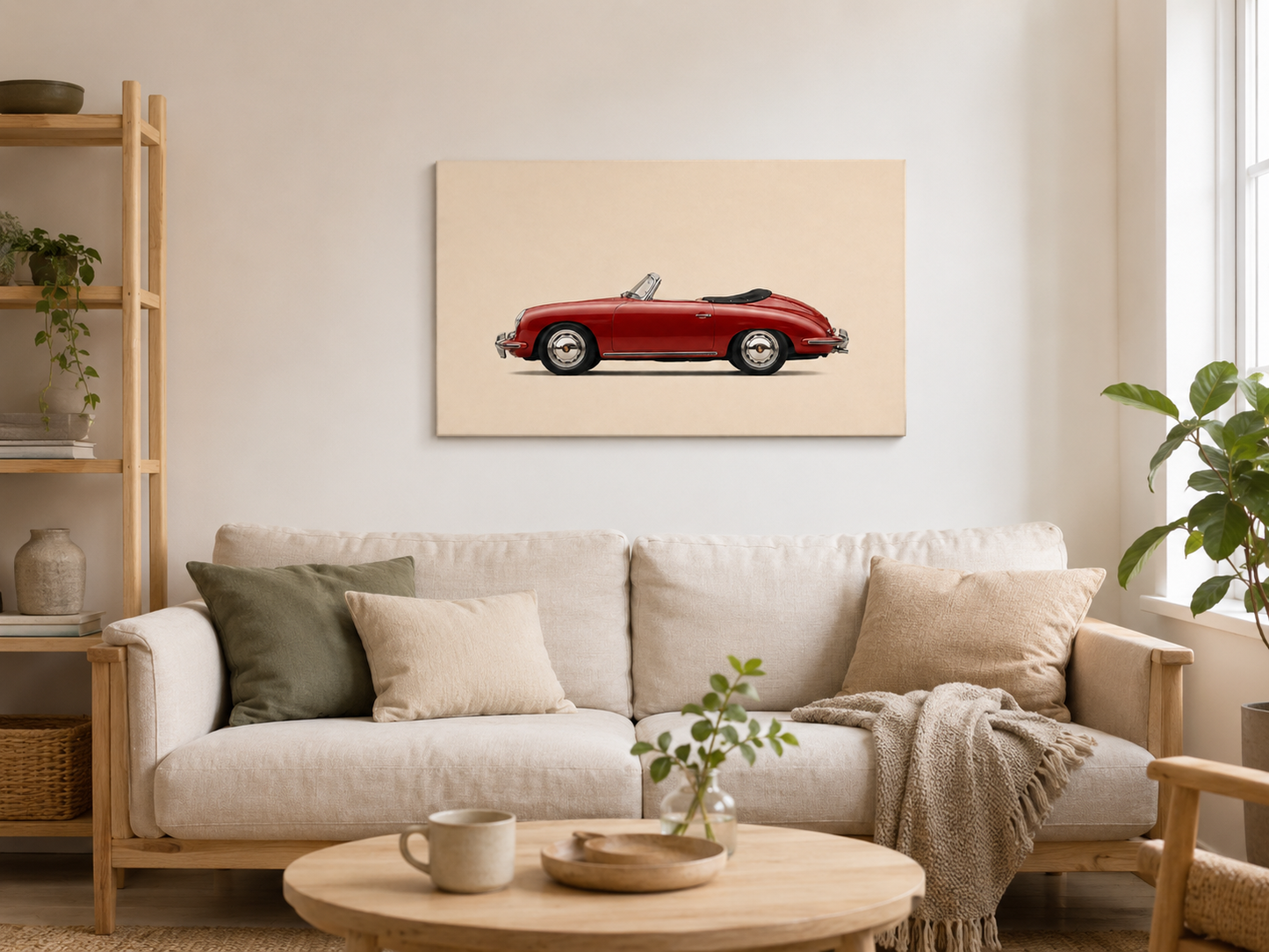 Minimalist red classic convertible wall art displayed in a bright casual living room