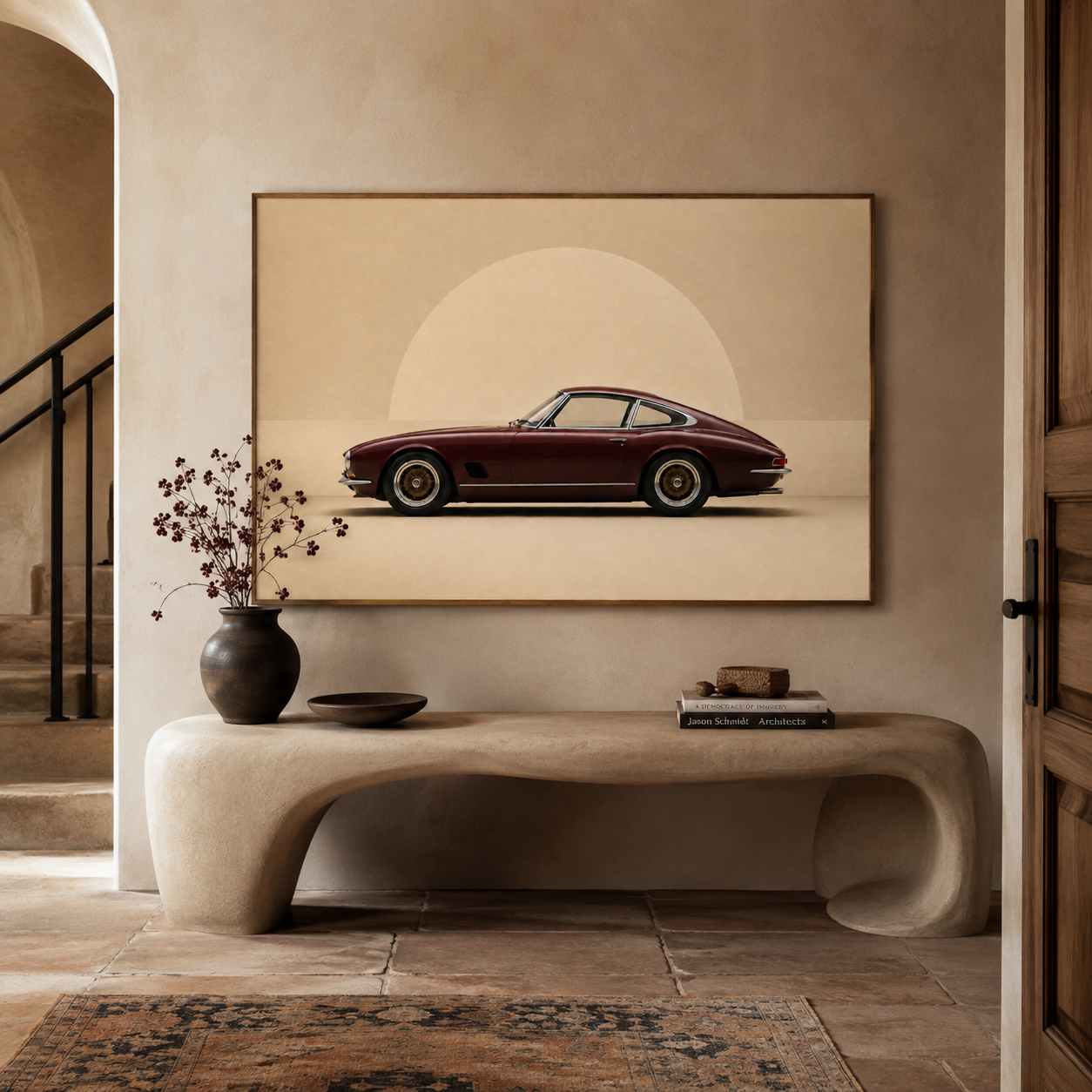 Burgundy Horizon classic car canvas displayed above a sculptural console in a refined hallway