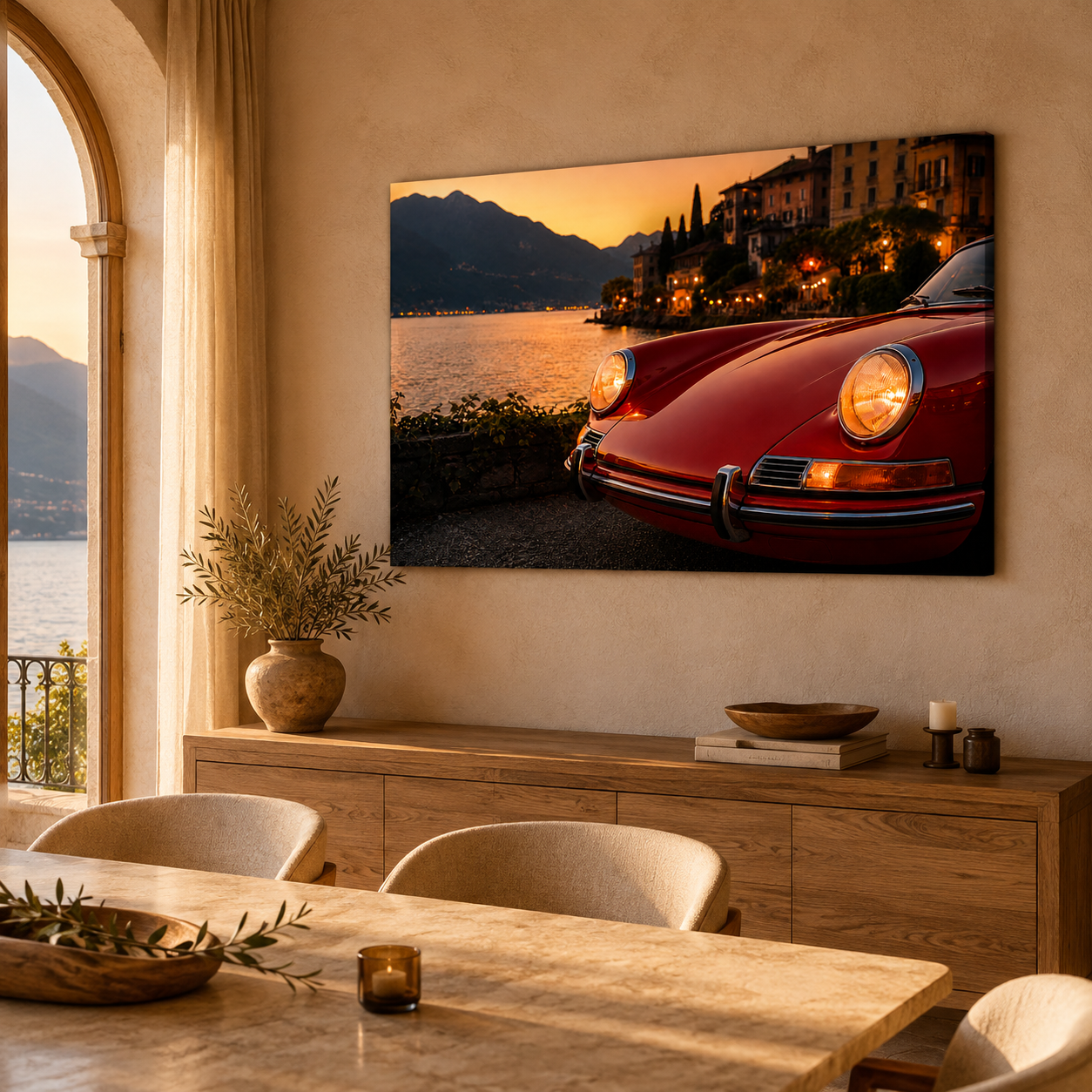 Red classic sports car canvas displayed in a Mediterranean dining room with warm sunset tones