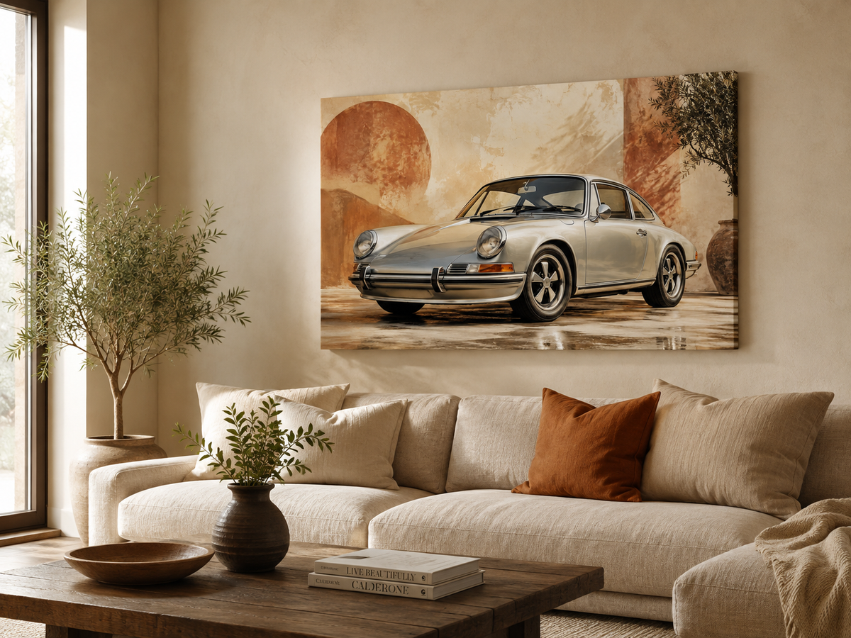Terracotta 911 vintage automotive canvas above a cream sofa in a bright living room