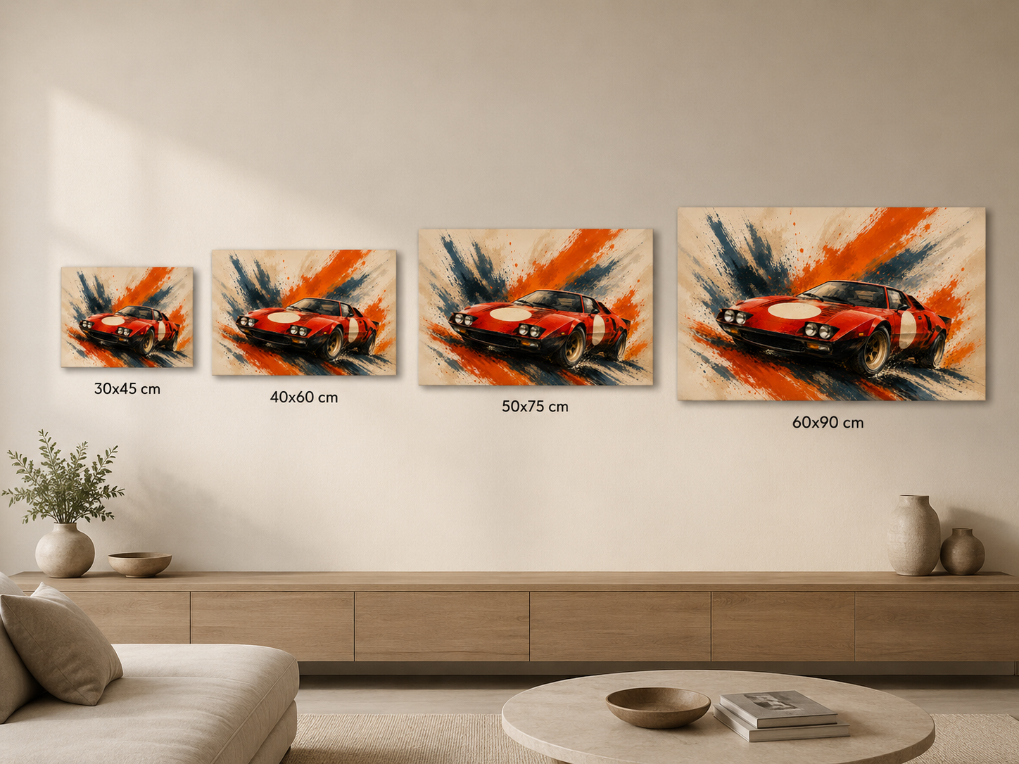 Red Velocity canvas size comparison in 30x45 40x60 50x75 and 60x90 cm