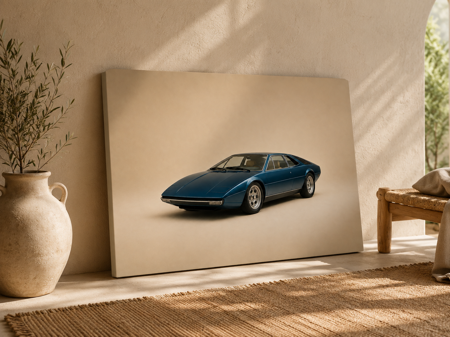 Blue Meridian retro car canvas leaning against the wall in a sunlit Mediterranean interior