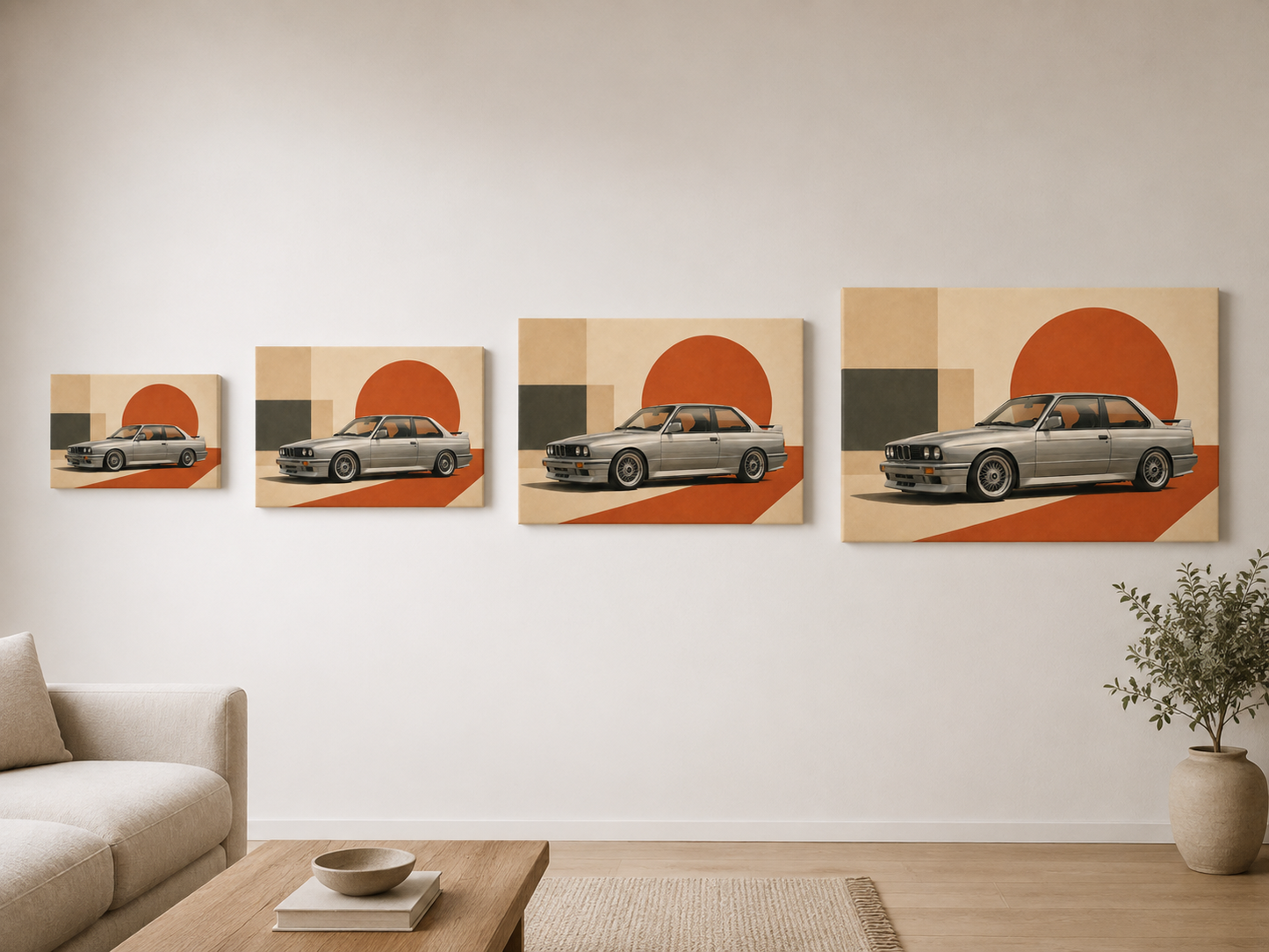 Silver Apex canvas size comparison showing four horizontal automotive wall art sizes