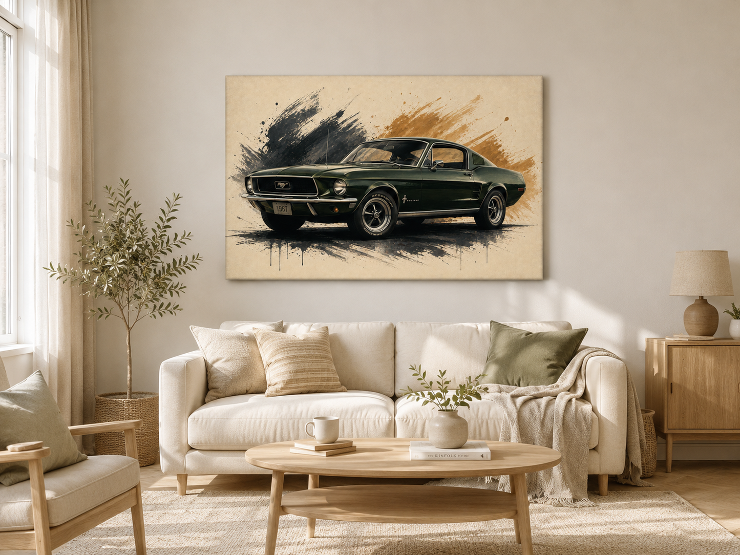 Hunter Fastback green classic car wall art displayed in a bright casual living room