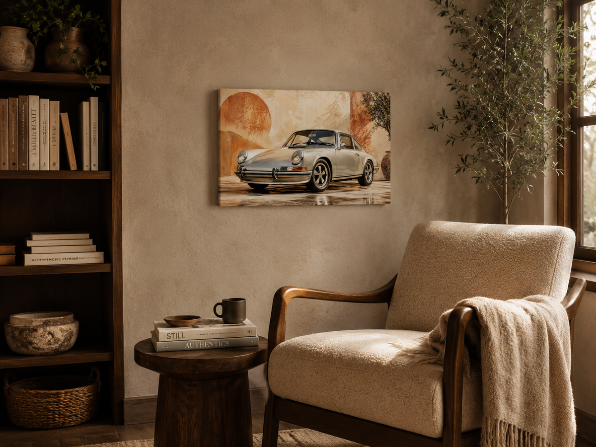 Terracotta 911 vintage sports car canvas in a cozy reading corner with neutral decor
