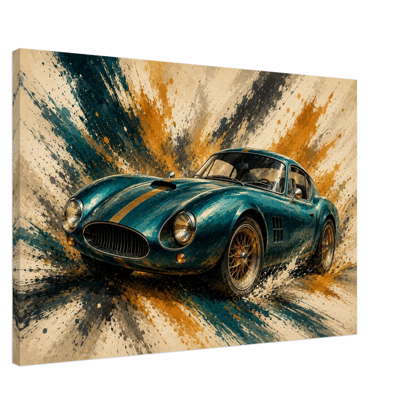 Side view of Teal Velocity illustrated vintage sports car canvas showing gallery wrapped depth