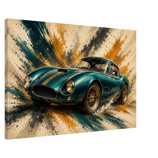 Side view of Teal Velocity illustrated vintage sports car canvas showing gallery wrapped depth