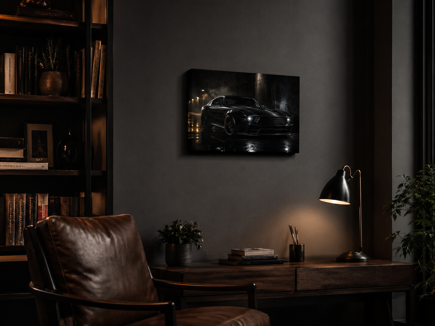 Midnight Dominion dark classic car canvas displayed in a sophisticated reading corner