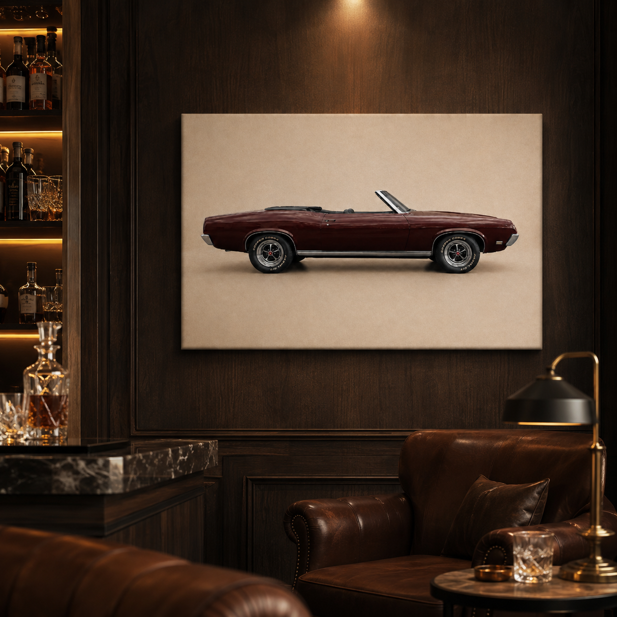 Burgundy Open Road classic convertible canvas displayed in an elegant dark lounge