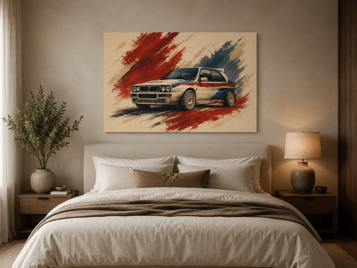 Rally Legacy classic rally car canvas displayed above a bed in a warm minimalist bedroom