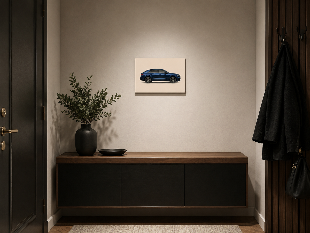 Midnight Q8 small minimalist SUV canvas above a dark console in a modern entryway