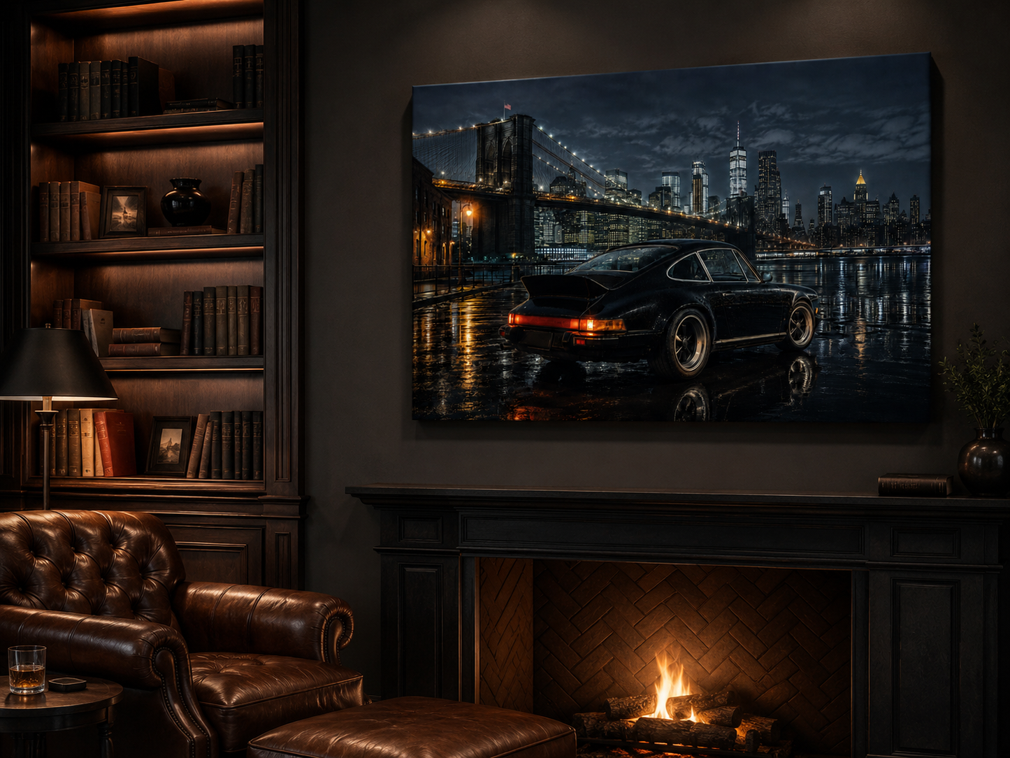 Midnight Borough dark New York car canvas displayed above a fireplace in a luxury library
