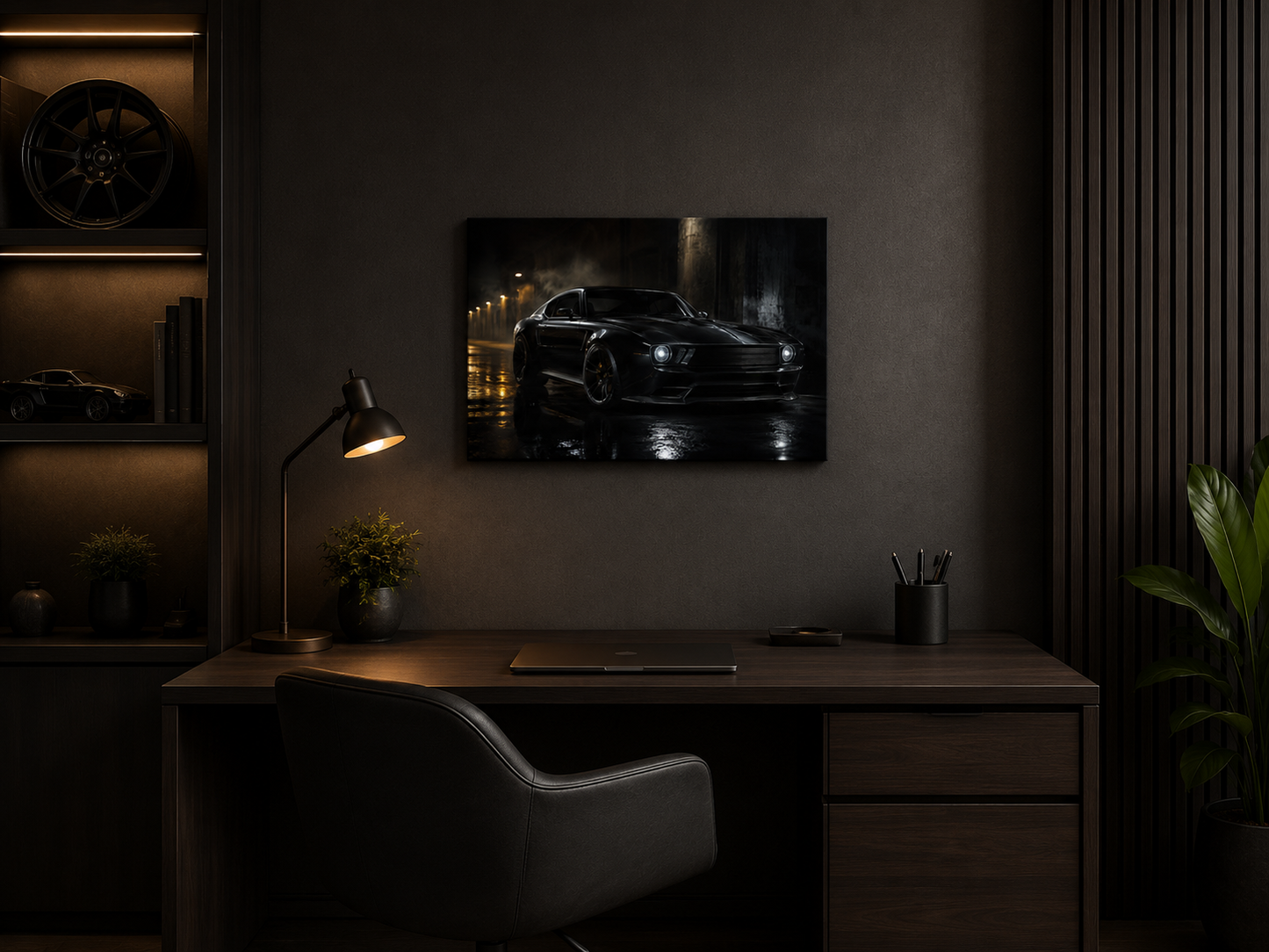 Midnight Dominion automotive canvas wall art displayed in a dark luxury home office