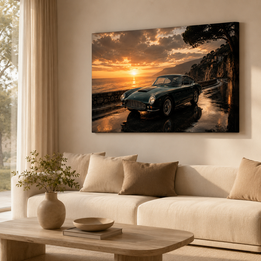 Classic car canvas wall art displayed in a warm modern living room